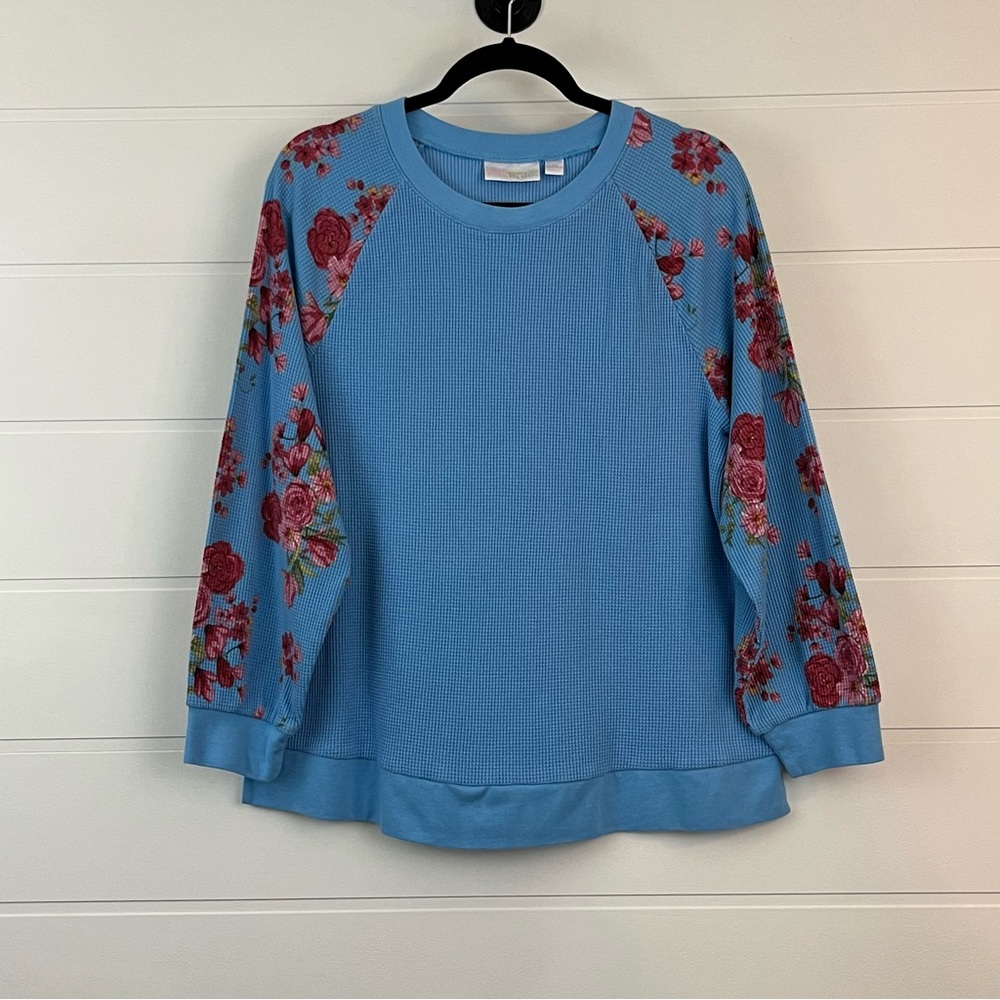 Belle by Kim Graver Sz M Waffle Knit Floral Sleeve Sweater